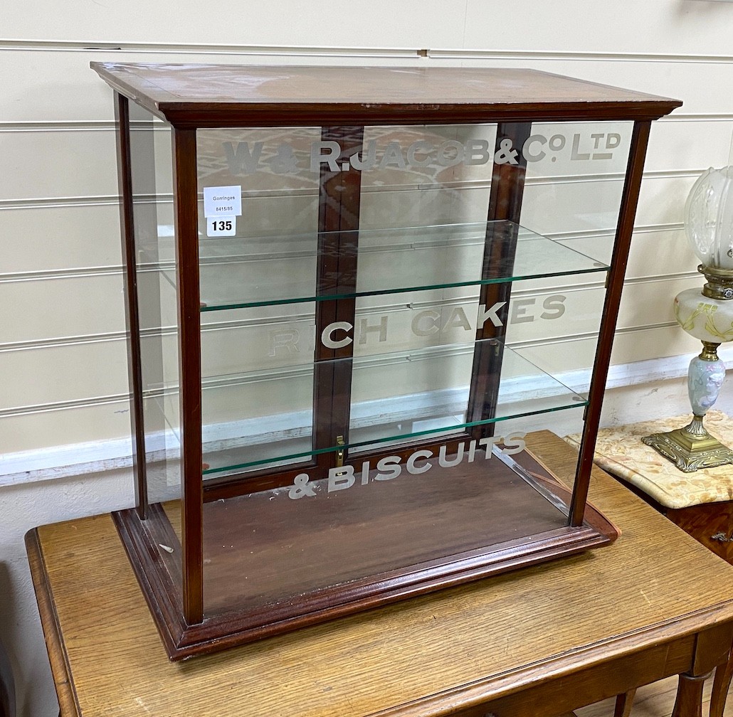 A late Victorian W & R. Jacobs & Co. Ltd. mahogany shop display cabinet, width 66cm, depth 34cm, height 66cm